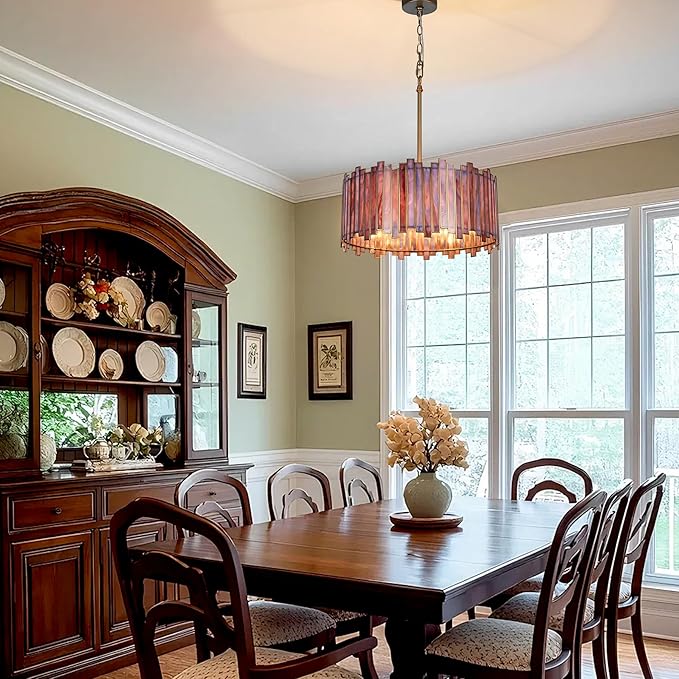 Drum Chandelier 4-Light, Brass Gold Tiffany Pendant Lighting Fixture with Stained Deep Blue Glass Shade, 16” Round Ceiling Hanging Lamp for Bedroom Dining Room Kitchen Entryway Living Room