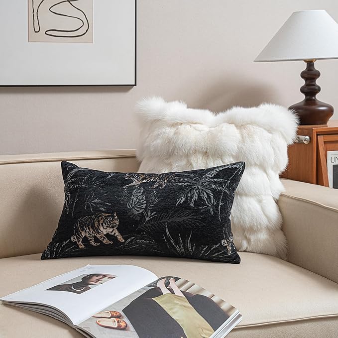 New 12x20'' inches Throw Pillow Cushion Covers - Black Color with Chenille Jacquard Embroidery Golden Tiger Luxury Modern Style Couch Sofa Bed Pillow Cover for Living Room Bedroom