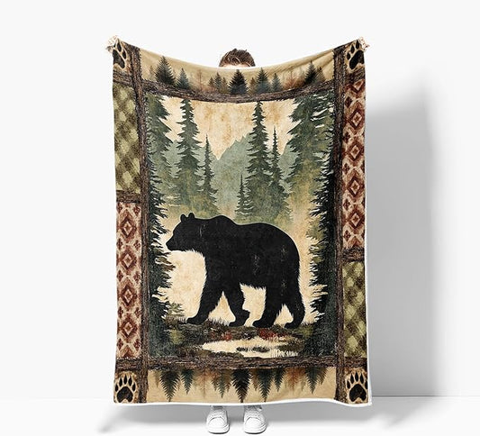 Cabin Throw Blankets, Rustic Farmhouse Hunting Deer Bear Sports Cozy Warm Bed Couch Blanket, Country Wooden Camping Forest White Fleece Flannel Throws to Decorate The Room and Bedroom