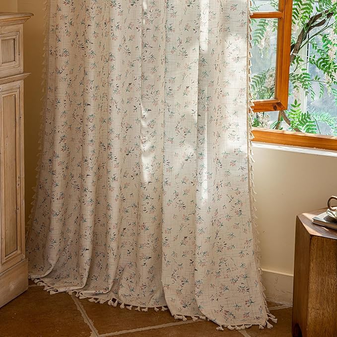 OYX Boho Floral Curtains 63 Inch Length 2 Panels for Living Room, Bedroom Light Filtering Drapes, Farmhouse Vintage Country French Rustic Tassels Pattern Rod Pocket Aesthetic Decor Window Treatments