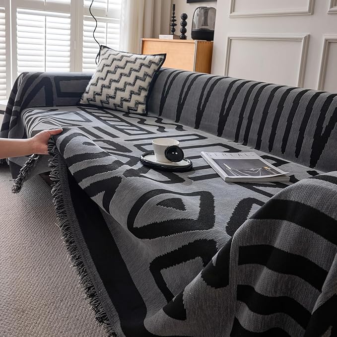 DREAMINGO Boho Couch Cover Washable Chenille Sofa Cover Blanket Dark Grey Black Furniture Protector for Sectional 3 Cushion Couch Reversible Geometric Sofa Slipcover, XX-Large 71"x150"