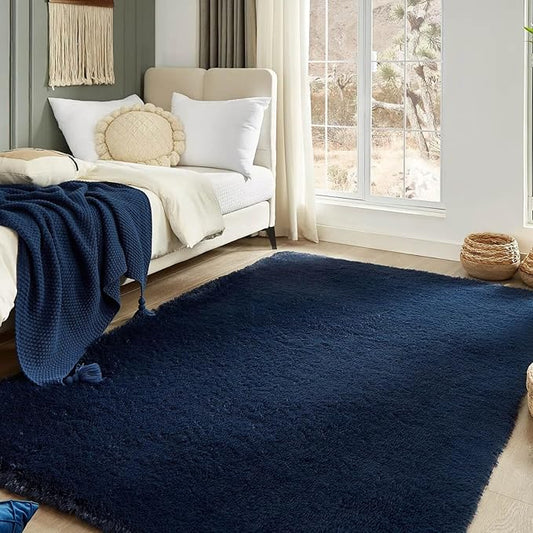 Floralux 5x7 Rugs for Living Room, Dark Blue, Soft Fluffy Area Rug for Bedroom, Upgraded Anti-Skid Plush Carpet for Kid's Room, Teens Dorm, Nursery, Home Decor Aesthetic