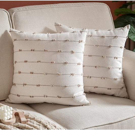 Caflife Boho Throw Pillow Covers 22x22 inches Beige and Natural Linen, Set of 2 Modern Farmhouse Decorative Pillow Covers for Couch Bed, Living Room