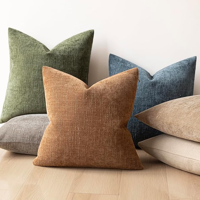 Foindtower Pack of 2 Textured Chenille Throw Decorative Pillow Covers Square Accent Solid Cushion Cover Neutral Farmhouse Lumbar Pillow Case for Couch Sofa Bedroom Living Room 12x20 Inch,Dark Green