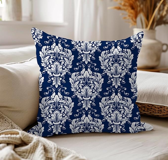 LOVOUS Navy Blue and White Damask Throw Pillow Covers 18x18 Inch Set of 2, Vintage Linen Decorative Pillow Covers for Bed Couch Sofa Bedroom Living Room Home Decor, B17