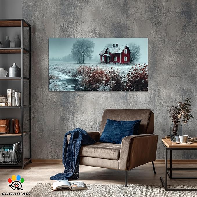 GUTTATY Winter Christmas Canvas Wall Art, Frosty Landscape Canvas Prints, Red Cottage and Nature Wall Hanging Artwork, Rustic Snowy Scene Picture Decor for Living Room, Bedroom, 32x16 Inch