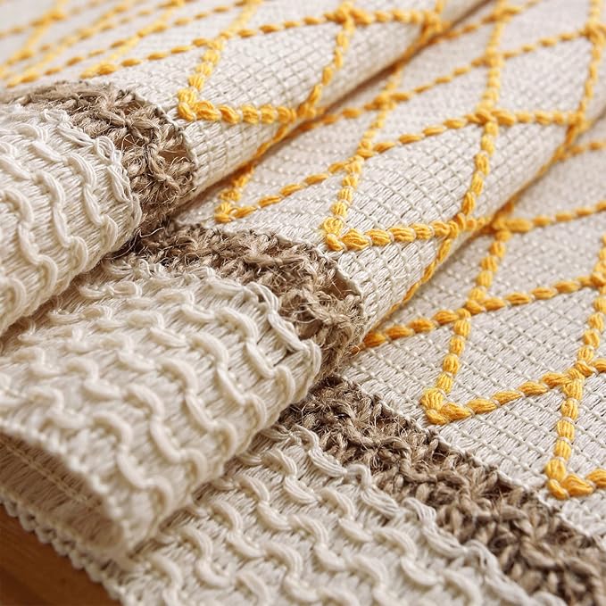 Boho Burlap Macrame Table Runner, Farmhouse Style Cotton Linen Rustic Woven Table Runner with Tassels for Dining, Wedding, Bridal Shower, Bohemian (12x72 inch, Yellow Grid)