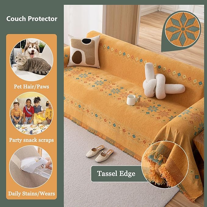 DREAMINGO Orange Boho Sofa Cover Chenille Couch Cover Blanket Vintage Bohemian Sofa Covers for 3 Cushion Couch Geometric Jacquard Sectional Couch Covers for Dogs Washable Futon Slipcover, 71"x150"