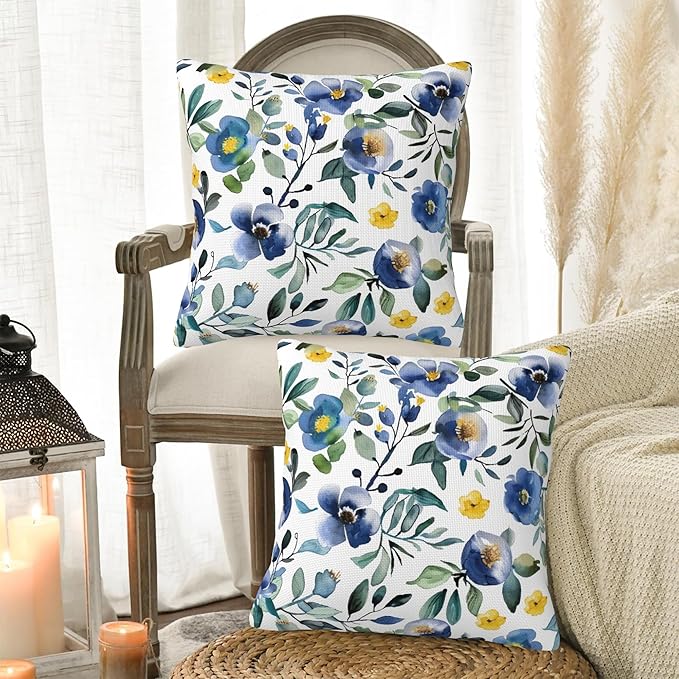 Blue and Yellow Flowers Pillow Covers 18X18 Set of 2, Watercolor Abstract Floral and Leaves Decorative Throw Pillow Covers, Pillowcase Cushion Case for Home Sofa Couch Indoor Outdoor