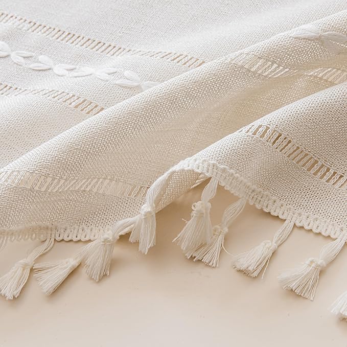 Sutuo Home Ivory Boho Curtain 52W x 18L inch White Striped Light Filtering Short Valance, 1 Panel Embroidery Bohemian Farmhouse Country Kitchen Window Treatment Decor for Small Closet