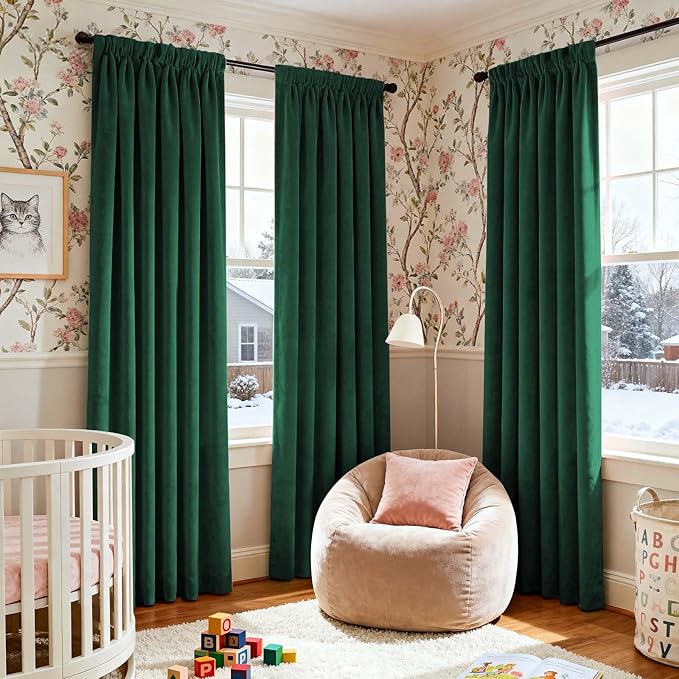 Lazzzy Velvet Blackout Curtains Thermal Insulated Room Window Drapes Super Soft Luxury Curtains for Living Room Bedroom Rod Pocket 2 Panels, Emerald Green, 62" W x 84" L