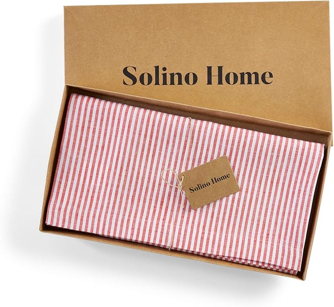 Solino Home Linen Tablecloth 52 x 52 Inch - Narrow Stripe, 100% Pure Linen Red and White Square Tablecloth - Machine Washable Table Throw for Christmas, Holiday, Winter