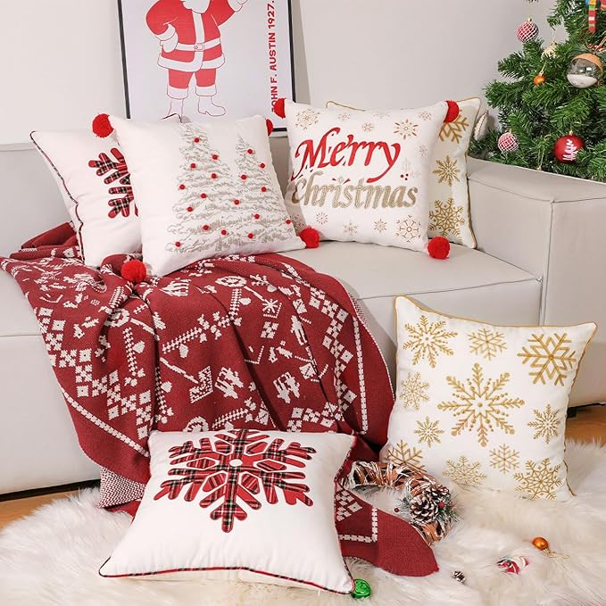Lewondr Christmas Throw Pillow Covers, 2 Pack Christmas Letter Snowflake Christmas Tree Embroidery 18x18 Pillowcases Home Xmas Decorative Soft Cushion Covers for Sofa Bed Chair