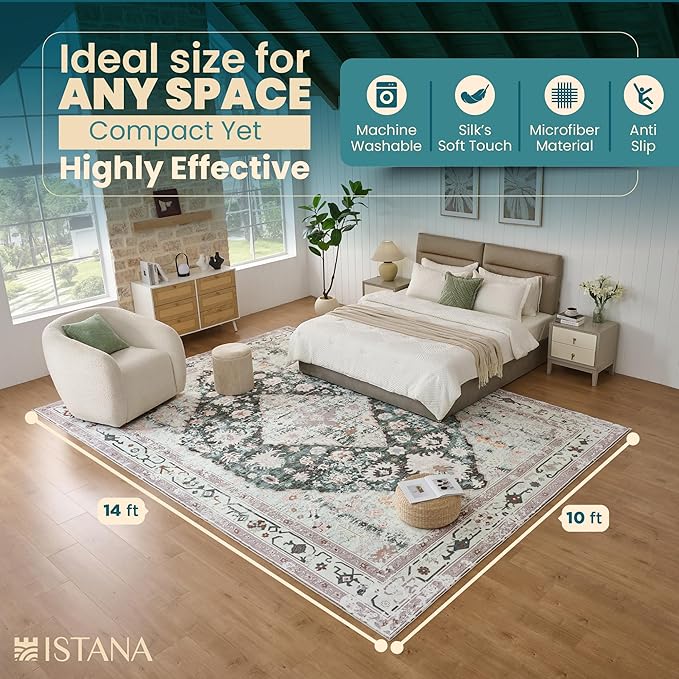 Istana Living Room Rug 10x14 - Light Green/Beige 10 x 14 Area Rug - Foldable Machine Washable Area Rugs 10x14 - Stylish 10x14 Area Rugs Boho - Stain Resistant Washable Rug 10x14