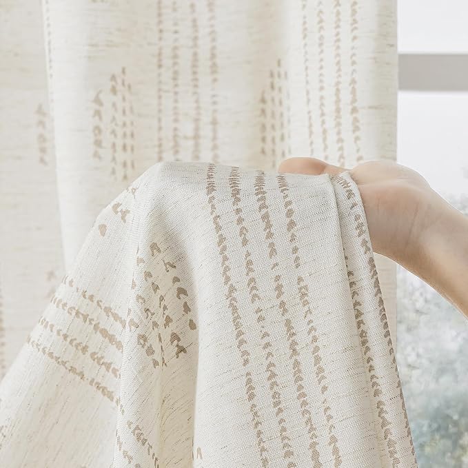 Boho Linen Curtains for Bedroom Living Room Taupe Farmhouse Boho Curtains 84 Inches Long Geometric Striped Patterned Mudcloth Grommet Top Light Filtering Window Drapes 2 Panels Taupe on Beige