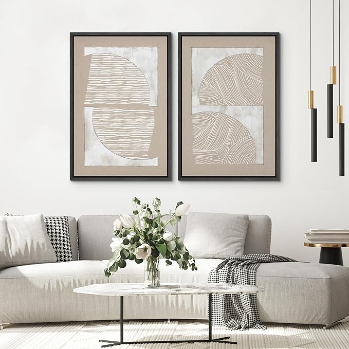 SIGNWIN Framed Canvas Print Wall Art Set Grunge Tan White Art Deco Polygons Abstract Shapes Illustrations Minimal Decorative Nordic Zen Bohemian for Living Room, Bedroom, Office - 24"x36"x2 Black