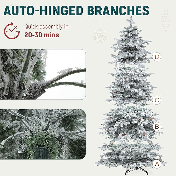 YITAHOME 9FT Prelit Flocked Christmas Tree w/Remote, Pre-Decorated Mountain Pine Hierarchical Tower Flocked Xmas Tree w/ 1818 Tips, 80 Pine Cones, 820 Lights & 11 Modes for Home, Party Decoration