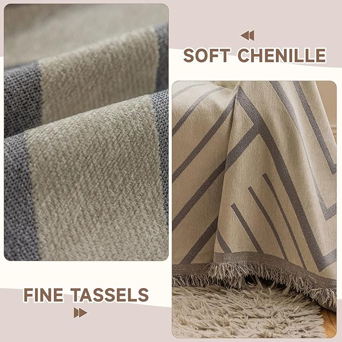 VClife Boho Farmhouse Couch Cover 71''x150'', 1 pc Washable Sofa Covers for 3 Cushion Couch Sofa Kids Soft Chenille Beige Gray Herringbone Home Decor Couch Covers for Bed Sofa Living Room Slipcover