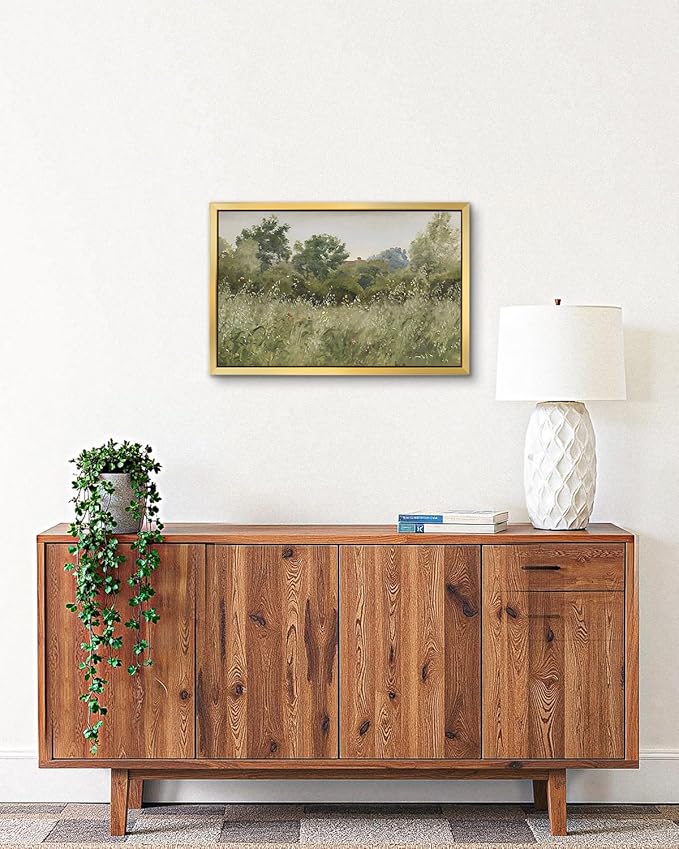 AIMAILON Vintage Gold Canvas Wall Art Framed Decor Retro Rural Scenery Spring Grassland Nature Theme Print Artwork Tranquil Rustic Outskirt Wildflower Landscape Classical Decoration 12x18