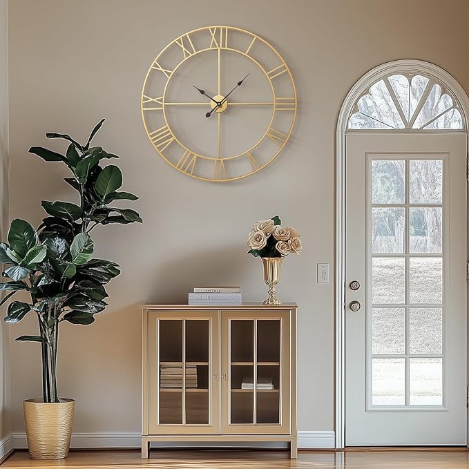 Cuspin Large Wall Clock 36 Inch Gold Wall Clock Battery-Operated, Modern Metal Roman Numeral Decorative Clock for Living Room Decor, Dinning Room, Office, Kitchen, Mantel, Home Decor