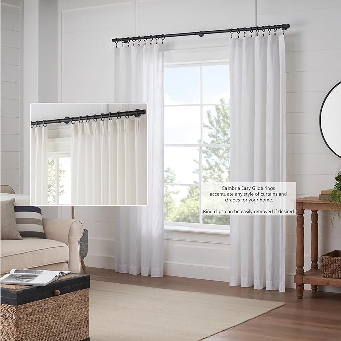 MODE Cambria Designer Series - Premium Easy Glide 18 Count Small Curtain Rings - Metal with Nylon Inserts and Clips - 1 inch Diameter - use for rods 5/8" or Smaller - Satin Black Finish