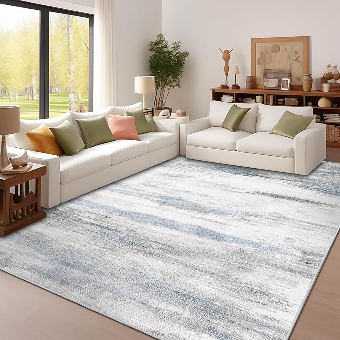 Enkor Area Rugs 9x12 Washable Non Slip Abstract Soft Rugs for Living Room Bedroom, Modern Mat for Kitchen Entryway Blue & Grey