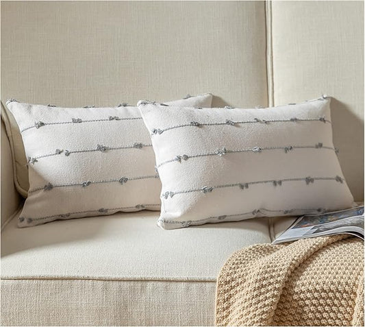 Caflife Boho Throw Pillow Covers 12x20 inches Beige and Grey, Set of 2 Modern Farmhouse Decorative Pillow Covers for Couch Bed, Living Room