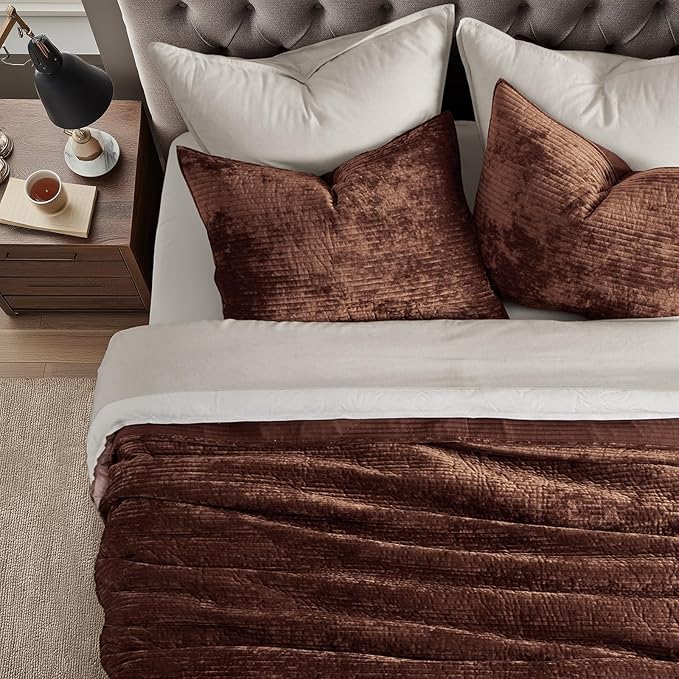 EverGrace Velvet Quilt Set King Size, Luxurious Soft Quilted Bedding Sets, Lightweight Velvet Comforter for All Season, Striped Channel Bedspread Coverlet with 2 Shams, Red Rust Brown