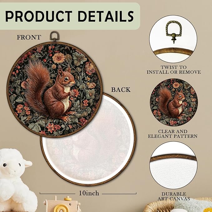 cvjutf Vintage Squirrel Wall Art Decor Framed, Dark Cottagecore Fall Squirrel Round Wall Decor, Rustic Farmhouse Squirrels Animal Canvas Prints Art for Cabin Bathroom Living Room, 10x10 Inch