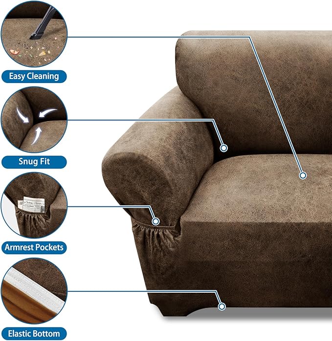 Loveseat Sofa Slipcover Leather Look Couch Covers for 2 Seater Couch Sofa 1-Piece Sofa Cover Stretch Furniture Protector with Elastic Bottom & Pockets(Loveseat, Light Brown)
