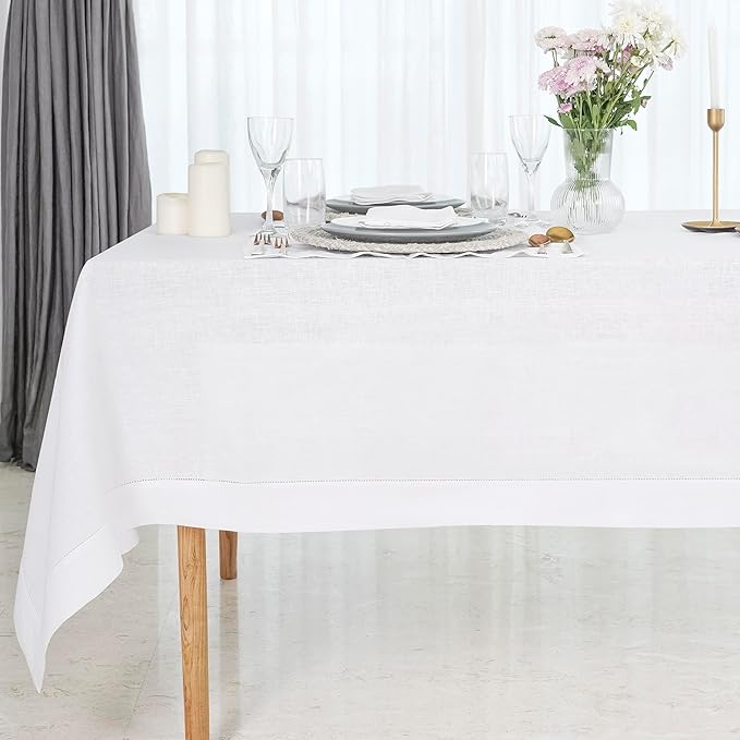 D'Moksha Homes White Linen Tablecloth for Rectangle Tables 60 x 132 Inch - 100% Pure Linen White Table Cloth - Classic Hemstitch, Machine Washable Dining Tablecloth for Thanksgiving, Christmas