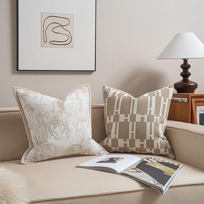 2025 New 20x20'' inches Throw Pillow Cushion Covers - Beige H Letter Chenille Jacquard Embroidery Luxury Modern Style Couch Sofa Bed Pillow Cover for Living Room Bedroom