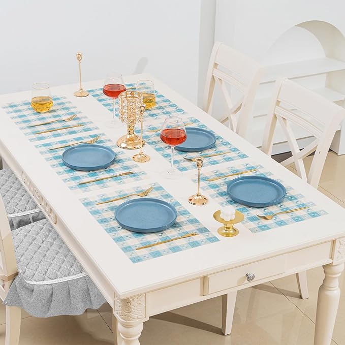 BACKTOEDEN Placemats Set of 12 Heat Resistant Washable Wipeable Placemat Woven Non-Slip Foldable Vinyl/Plastic Place Mats Indoor/Outdoor Mat Kitchen Dining Table Pad, Blue Checkered