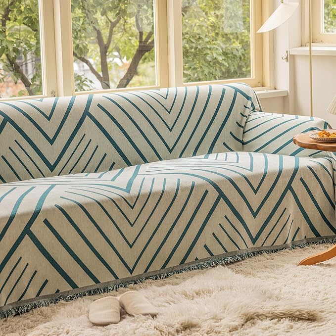 VClife Boho Farmhouse Couch Cover 71''x118'', 1 pc Washable Sofa Covers for 2 Cushion Couch Sofa Kids Soft Chenille Beige Green Herringbone Home Decor Couch Covers for Bed Sofa Living Room Slipcover