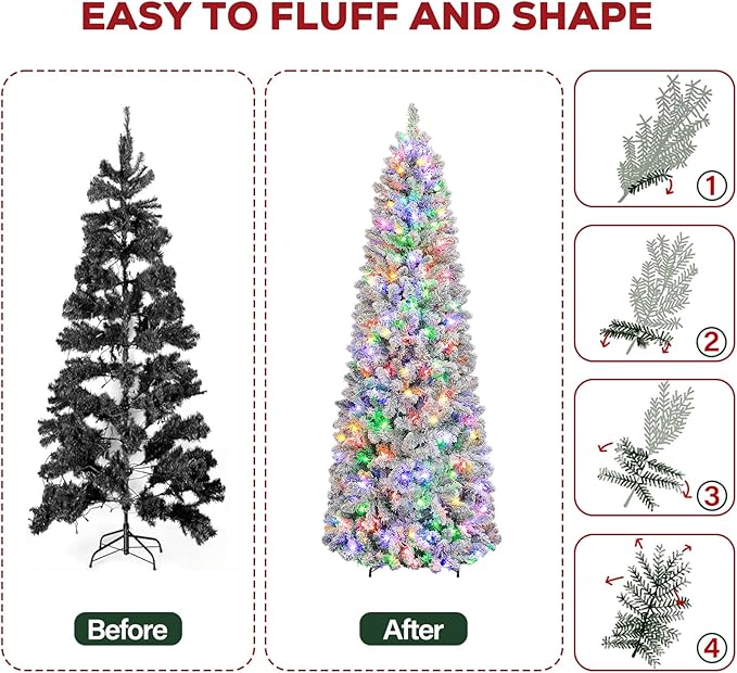 Hykolity 6ft Pre-Lit Snow Flocked Slim Tree, 200 Multi Color LED Lights, 544 Realistic PVC Tips, Hinged Design, Metal Base, 10 Modes