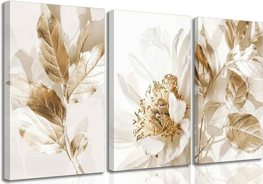 3 Pcs Modern White Floral Golden Leaves Canvas Wall Art Neutral Boho Beige Botanical Painting Pictures Nordic Wall Decor Posters Print Artwork for Bedroom Living room Office Home Decoration