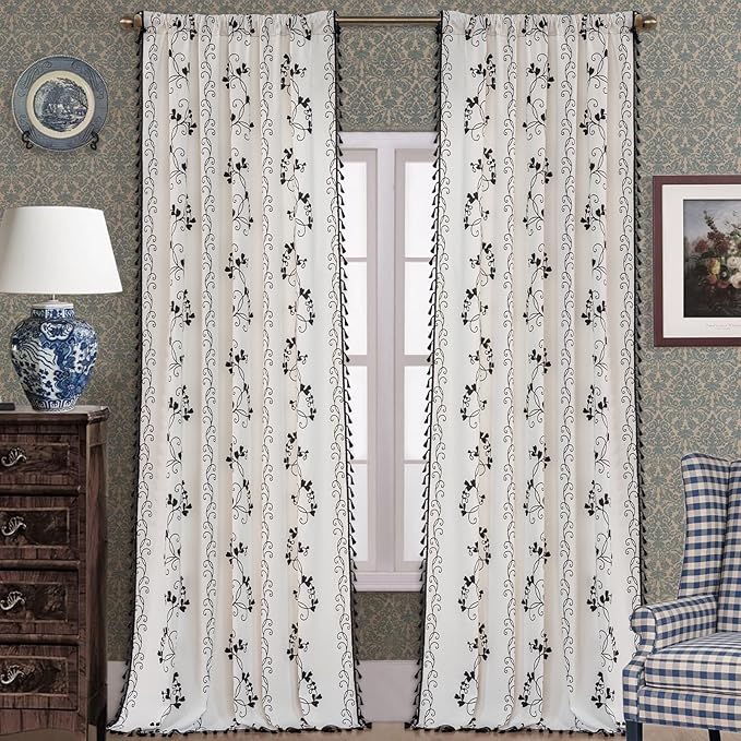 F-CHU Bohemian Floral Curtains 63 Long Patterned Curtain for Bedroom Cotton Linen Blend Farmhouse Style French Country Black Floral and Plant Designs Kitchen Curtains 55" W x 63" L