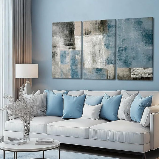 SDYA Abstract Canvas Wall Art Grey and Blue Wall Decor Modern Canvas Painting 20"x40"x3p Decorations for Bedroom Office Artwork