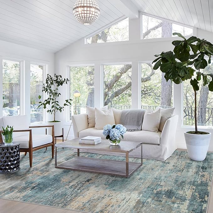 8x10 Area Rugs for Living Room：Large Machine Washable Area Rug with Non Slip Backing Non Shedding Abstract Stain Resistant Carpet for Bedroom Dining Room Nursery Home Office - Green