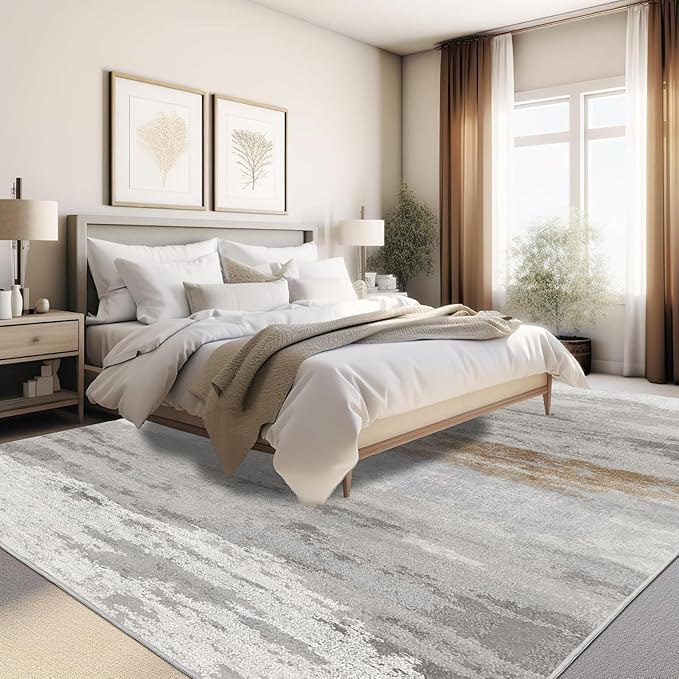 Enkor Area Rugs 9x12 Washable Non Slip Abstract Soft Rugs for Living Room Bedroom, Modern Mat for Kitchen Entryway Brown & White