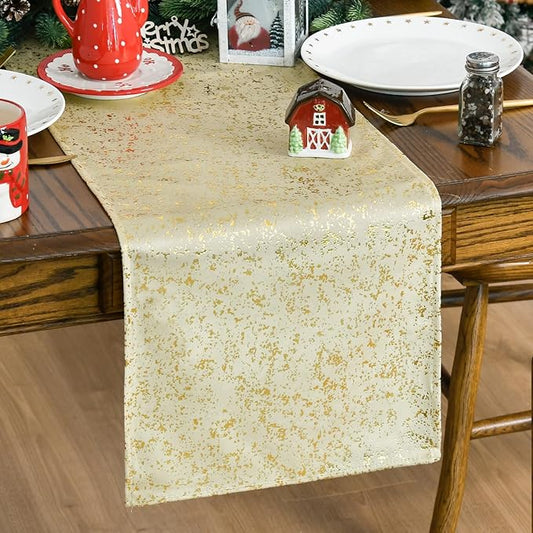 Artoid Mode Beige Dutch Fleece Table Runner, Glitter Metallic Foil Holiday Kitchen Dining Table Decoration for Home Party Decor 13x90 Inch
