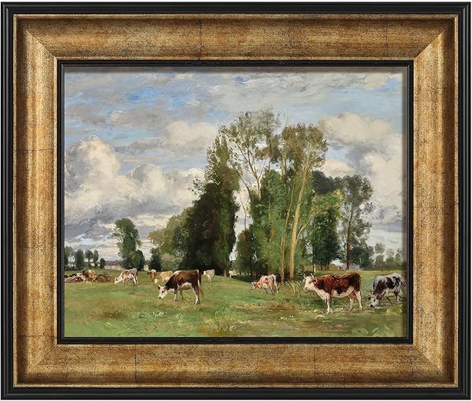 FOLKOR Framed Wall Art for Home Office Decor, Spring Landscape Canvas Prints for Kitchen Bedroom Decoration, Colorful Green Farmhouse Artwork for Nursery Room Guest Room (Grazing Cows)