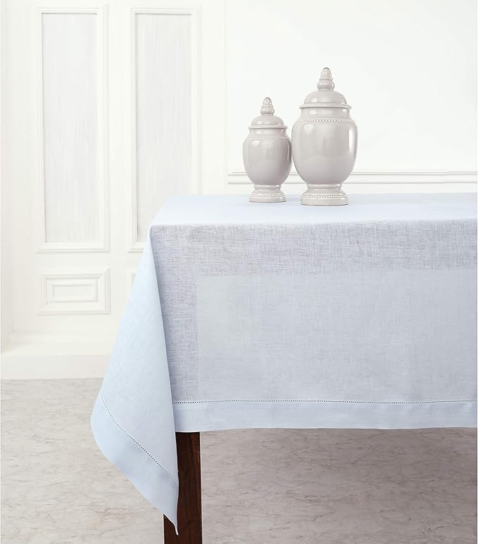 Solino Home Light Blue Linen Tablecloth 52 x 52 Inch - 100% Pure Linen Square Table Throw - Classic Hemstitch, Machine Washable Table Cloth for Winter