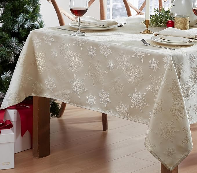 Newbridge Fancy Metallic Snowflake Christmas Fabric Tablecloth, 60 x 84 Inch Rectangle, Ivory Gold, No-Iron Soil Resistant Sparkling Snowflakes Woven Holiday Table Cover