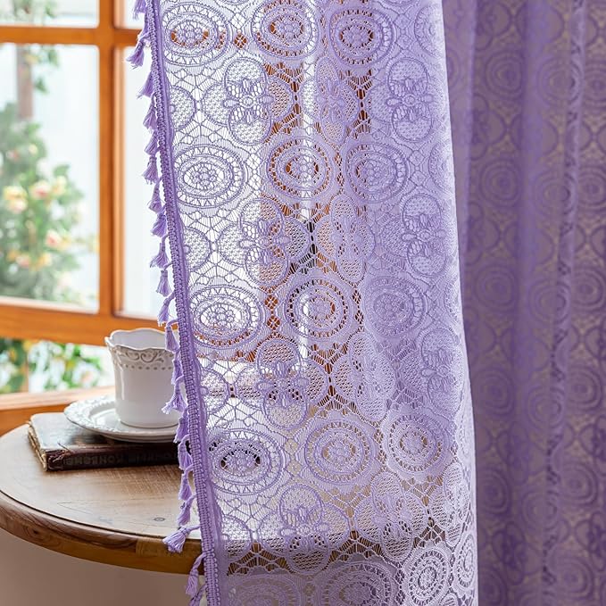 Lavender Curtains 72 Inches Long 2 Panels Set Cottage Style Purple Lace Curtains with Tassel Boho Floral Sheer Window Treatment for Front Back Patio Glass Door Rod Pocket 59" W x 72" L Light Violet