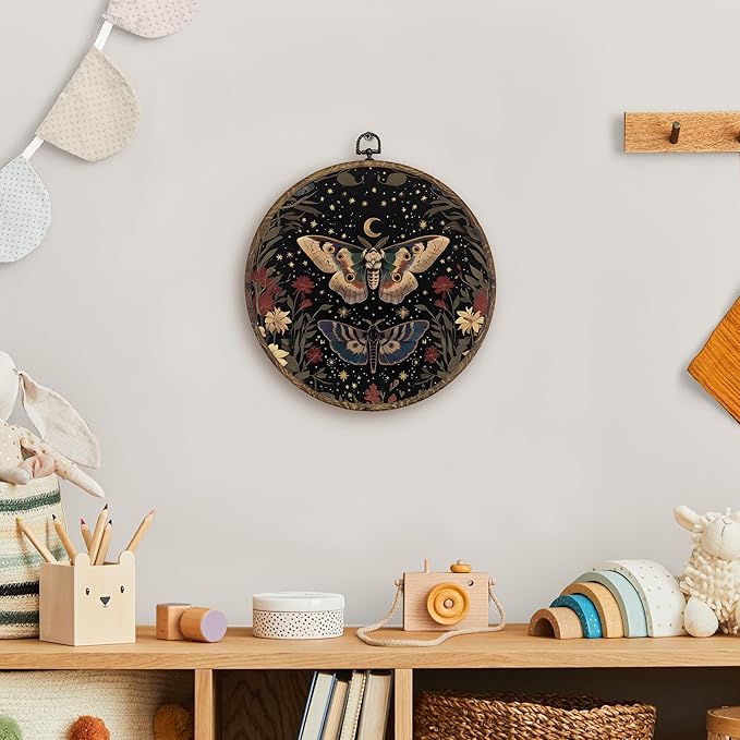 KFXHANGD Witchy Butterfly Moth Round Wall Art Framed, Gothic Wall Art, Boho Vintage Butterfly Canvas Wall Art Decor, Gothic Lunar Moth Hanging Wall Decor for Bedroom Living Room, 10x10inch