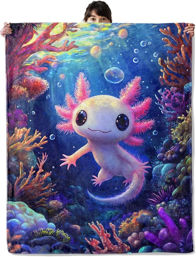 Cute Axolotl Underwater Blanket, Cozy Flannel Smiling Axolotls Throw Blanket, Soft Fuzzy Blankets for Travel Home Decor, All Season Lightweight Couch Bed Cover, Gifts for Women Kids 60"×80"