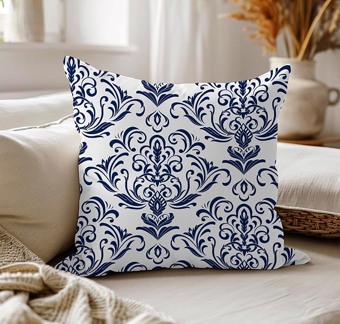LOVOUS Navy Blue and White Damask Throw Pillow Covers 18x18 Inch Set of 2, Vintage Linen Decorative Pillow Covers for Bed Couch Sofa Bedroom Living Room Home Decor, B13