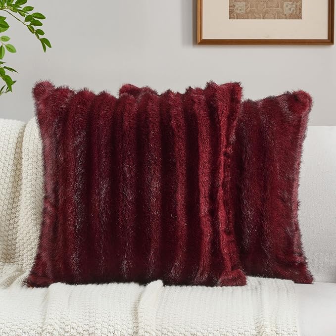 FUTEI Burgundy Decorative Throw Pillow Covers 16x16 Inch Set of 2,Soft Fluffy Faux Rabbit Fur Dyeing Striped Textured Cushion Case,Modern Home Decor for Couch Bed Living Room