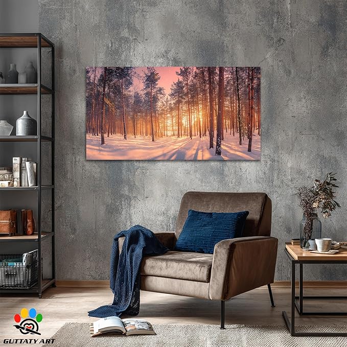 GUTTATY Christmas Winter Scene Canvas Wall Art, Snowy Forest Canvas Prints, Tranquil Sunrise Pine Forest Wall Hanging Artwork, Nature Landscape Poster for Living Room, Bedroom, 60x30 Inch
